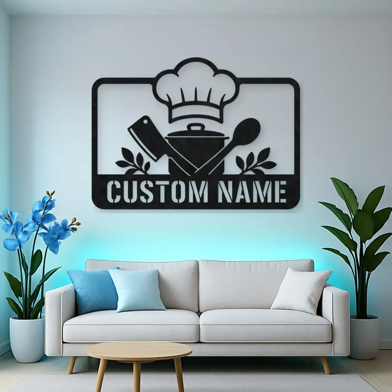 Personalized Chef Kitchen Metal Wall Art with Cooking Tools