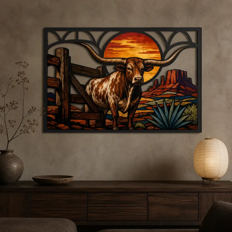 Texas Longhorn by Desert Ranch at Sunset Colorful Metal Wall Art