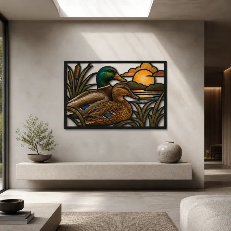 Mallard Duck Pair over Peaceful Marsh Colorful Metal Wall Art