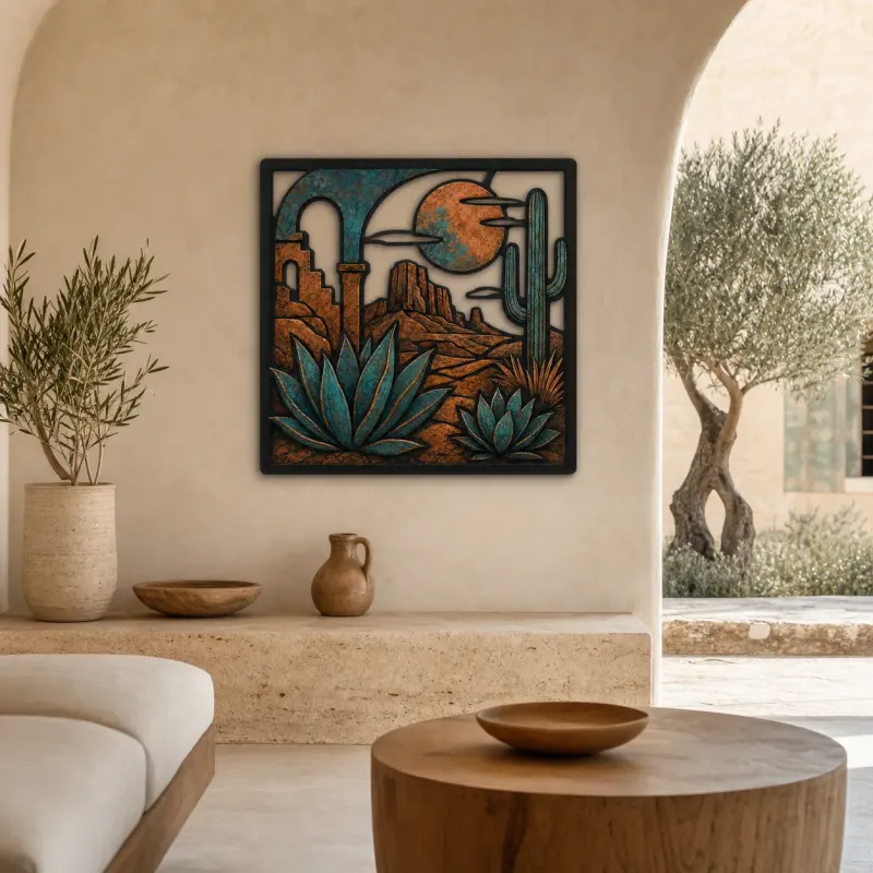 Mid Century Desert Arch with Agave and Cactus Colorful Metal Wall Art