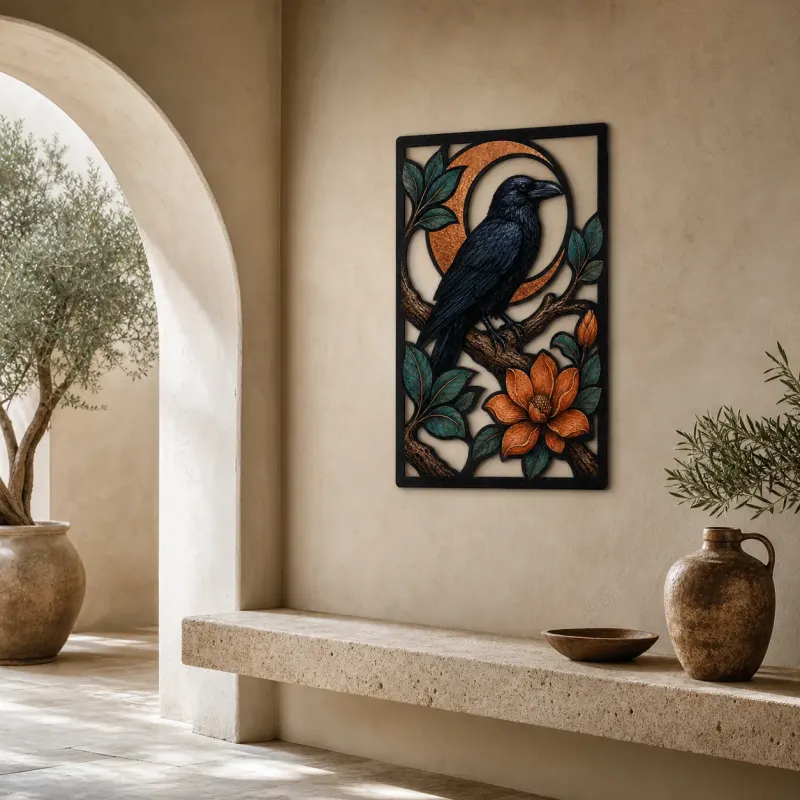 Black Raven on Branch with Crescent Moon Colorful Metal Wall Art