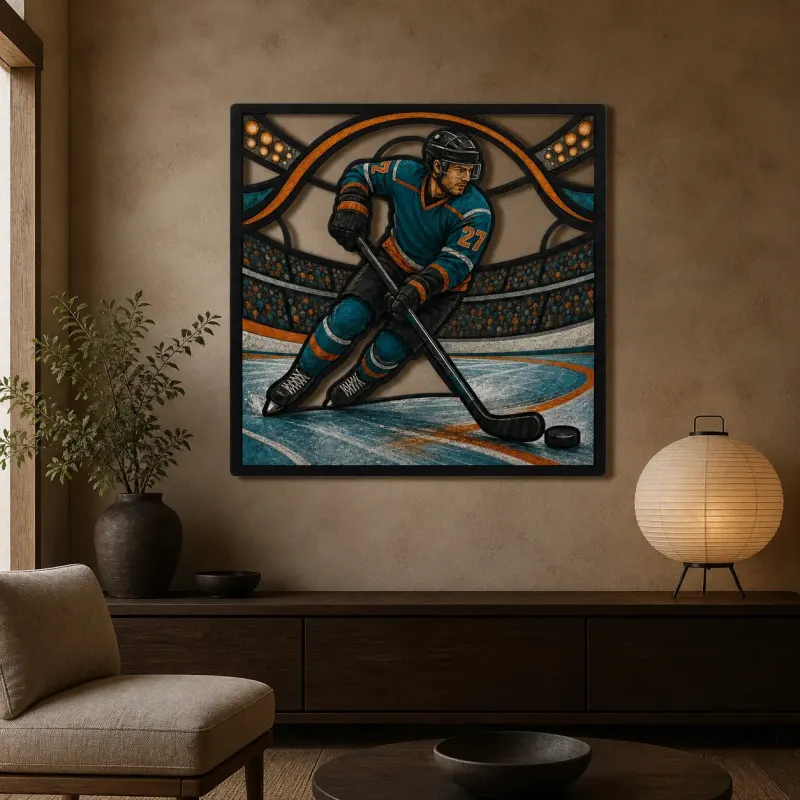 Ice Hockey Player Skating in Arena Colorful Metal Wall Art