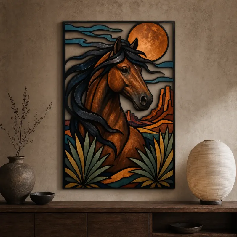 Bay Horse Portrait in Southwest Desert Colorful Metal Wall Art