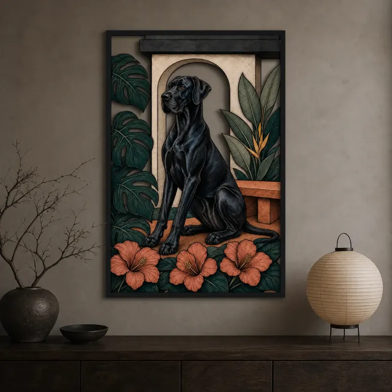 Black Great Dane with Tropical Leaves and Hibiscus Colorful Metal Wall Art