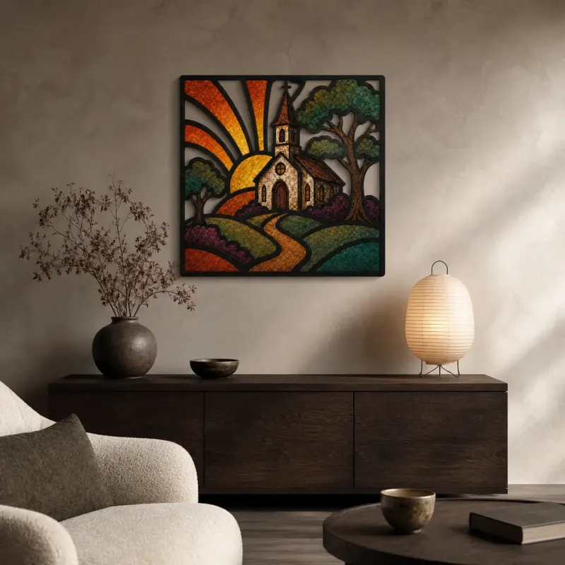 Country Church along Winding Path at Sunrise Colorful Metal Wall Art