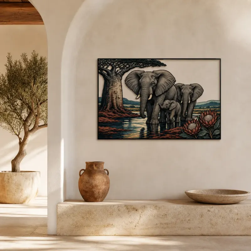 Elephant Family beneath Baobab by Water Colorful Metal Wall Art