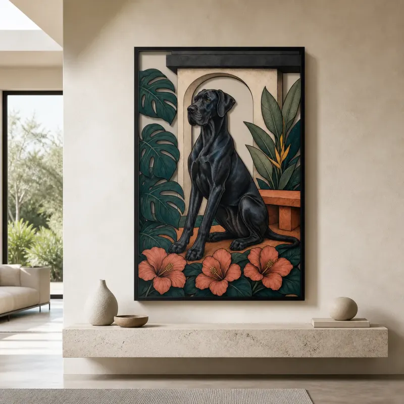 Black Great Dane with Tropical Leaves and Hibiscus Colorful Metal Wall Art