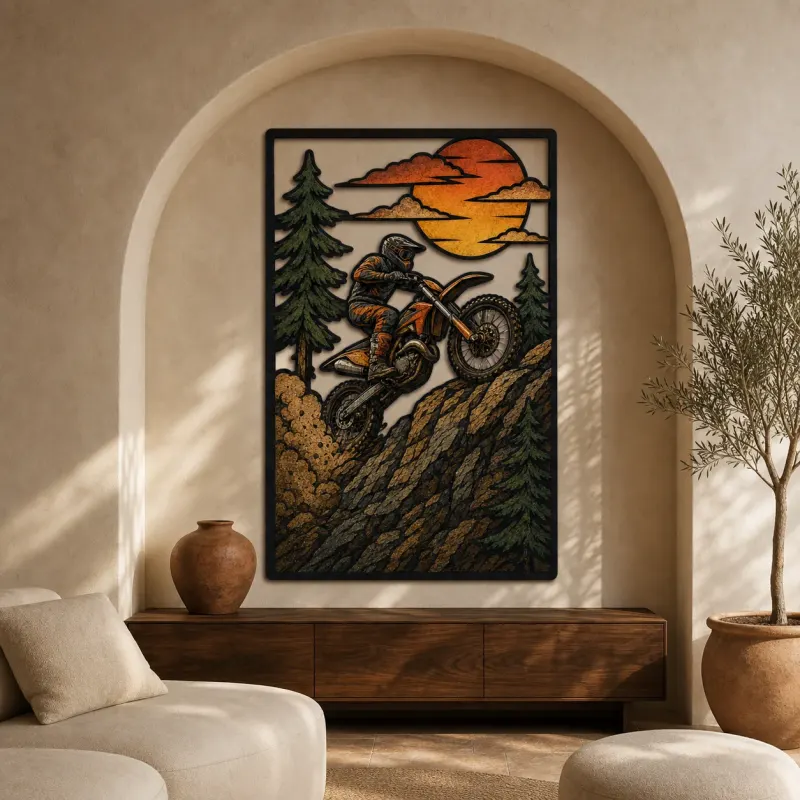 Dirt Bike Rider Jumping on Mountain Trail Colorful Metal Wall Art