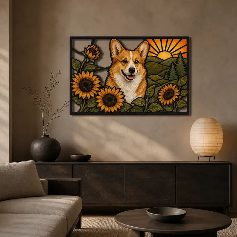 Pembroke Corgi with Sunflowers at Sunrise Colorful Metal Wall Art