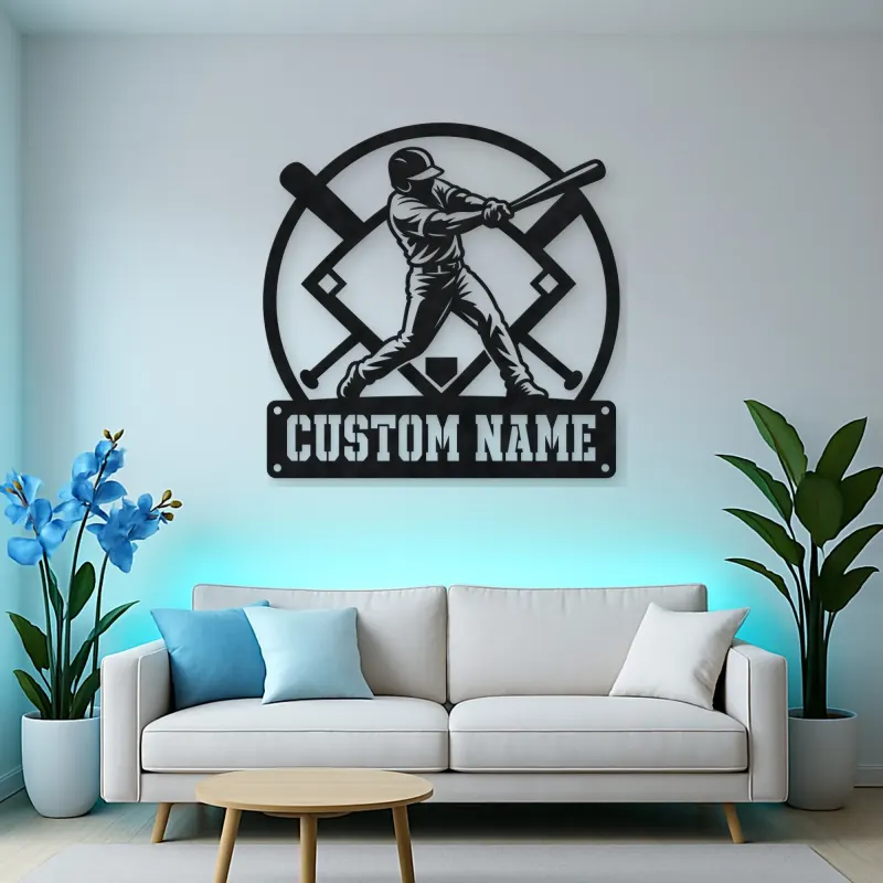 Personalized Baseball Batter Metal Wall Art with Crossed Bats