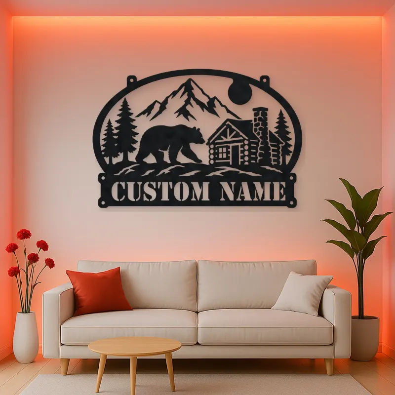 Personalized Bear Cabin Metal Wall Art with Mountain Scene