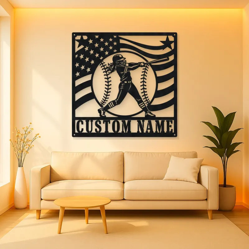 Personalized Female Softball Batter Waving Flag Metal Wall Art
