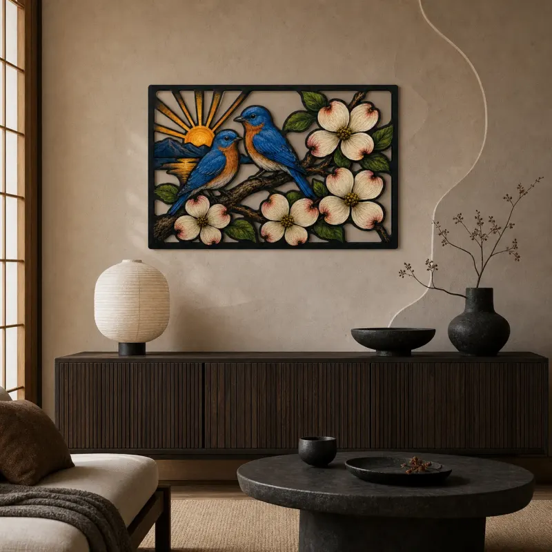 Bluebird Pair with Dogwood Flowers at Sunrise Colorful Metal Wall Art