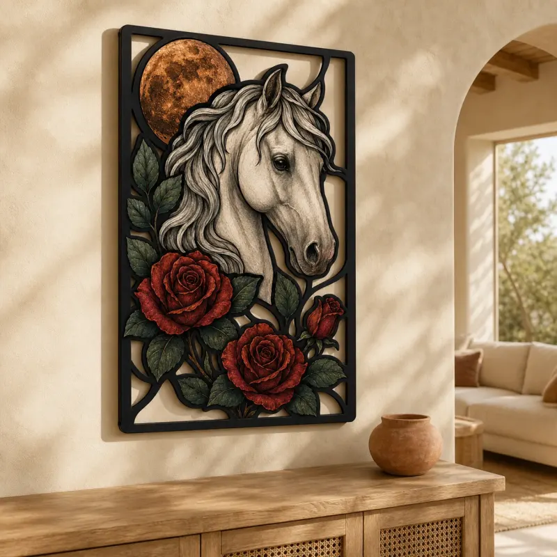 White Horse with Red Roses and Full Moon Colorful Metal Wall Art
