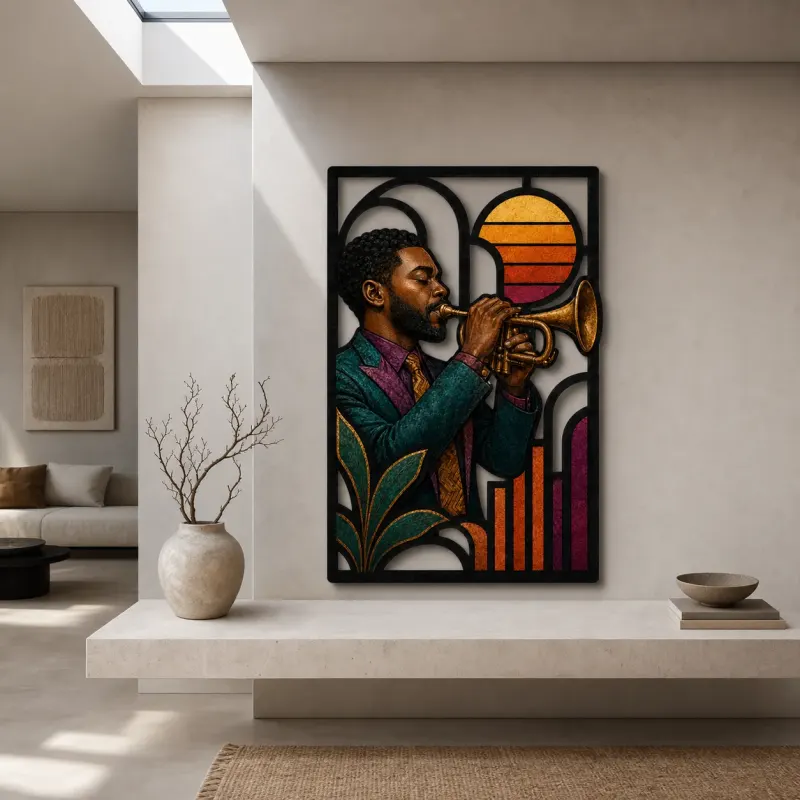 Black Trumpet Player in Mid Century Jazz Scene Colorful Metal Wall Art