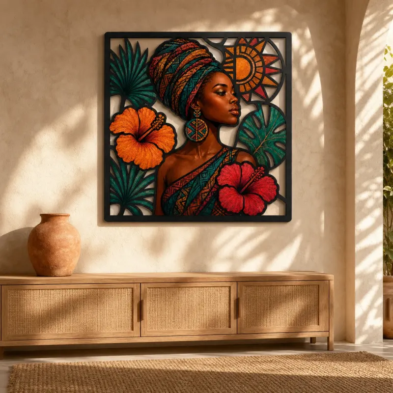 Afro Woman in Headwrap with Tropical Hibiscus Colorful Metal Wall Art