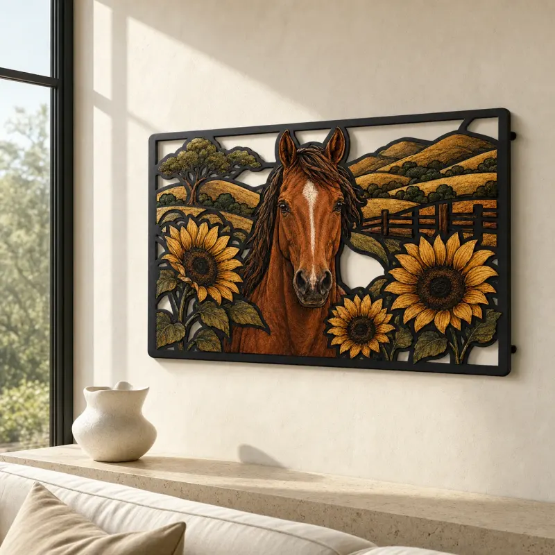 Bay Horse with Sunflowers and Rolling Hills Colorful Metal Wall Art