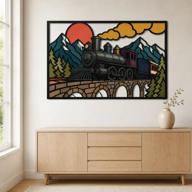 Vintage Steam Train Crossing Mountain Bridge Colorful Metal Wall Art
