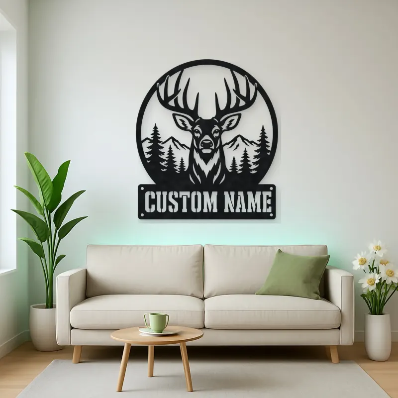 Personalized Buck Deer Metal Wall Art with Forest Landscape