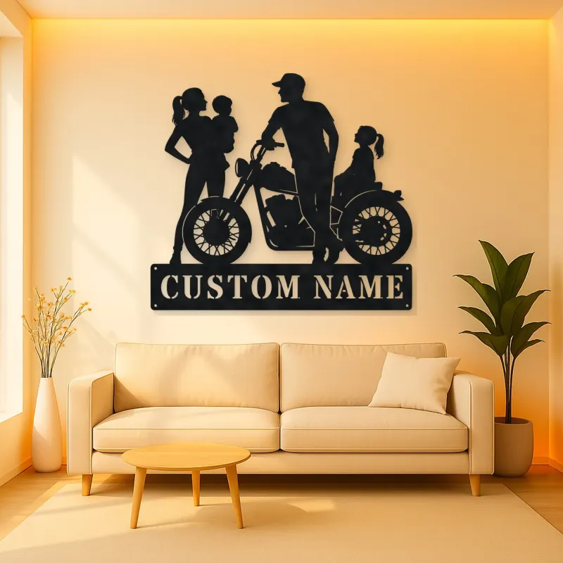 Personalized Motorcycle Family with Seated Daughter Metal Wall Art