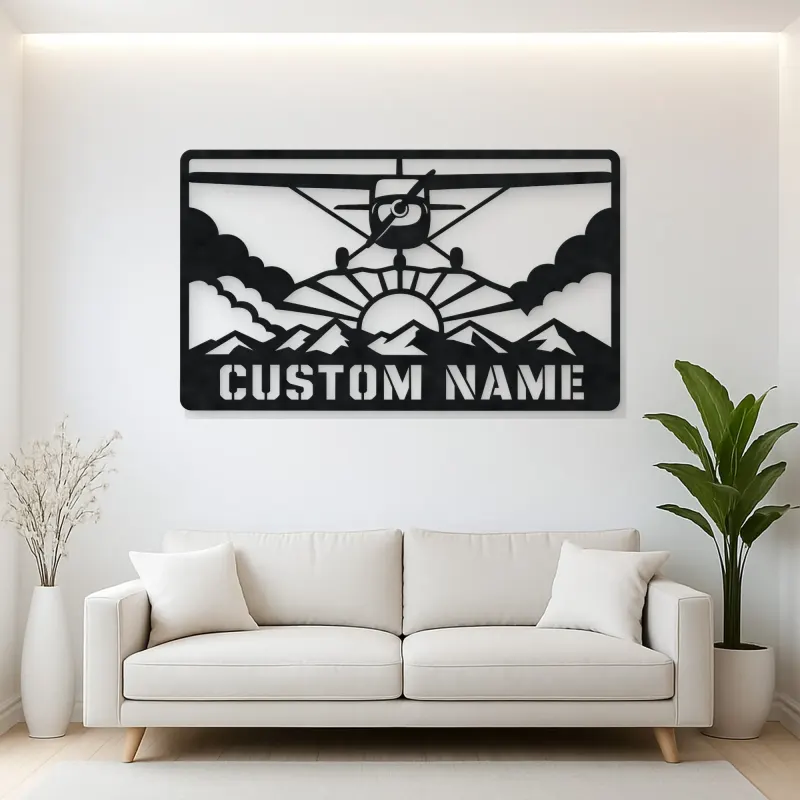 Personalized Propeller Airplane Metal Wall Art with Mountains