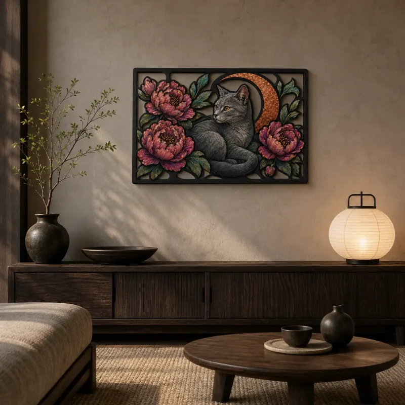 Russian Blue Cat with Pink Peonies and Moon Colorful Metal Wall Art