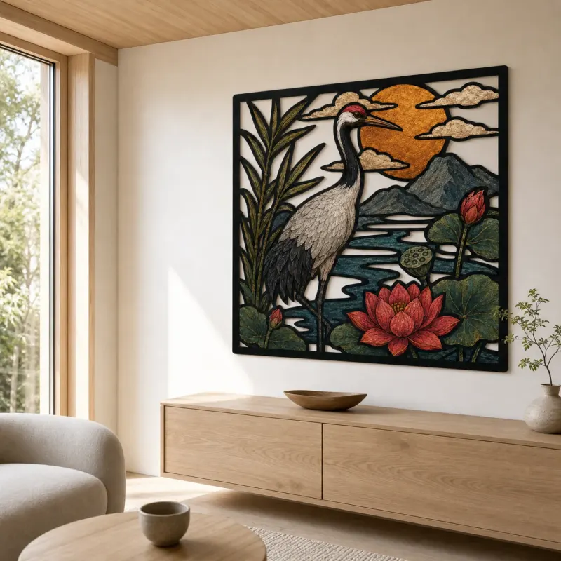 Japanese Crane in Lotus Pond at Sunset Colorful Metal Wall Art