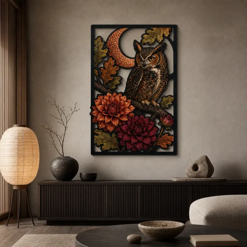 Great Horned Owl with Dahlias and Crescent Moon Colorful Metal Wall Art