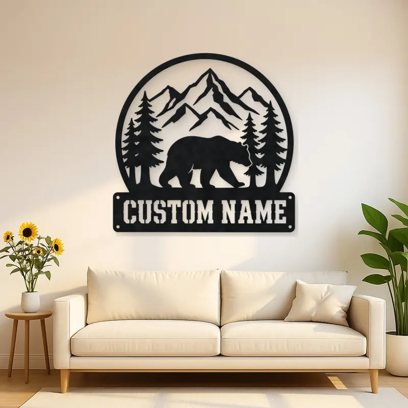 Personalized Bear and Pine Forest Metal Wall Art