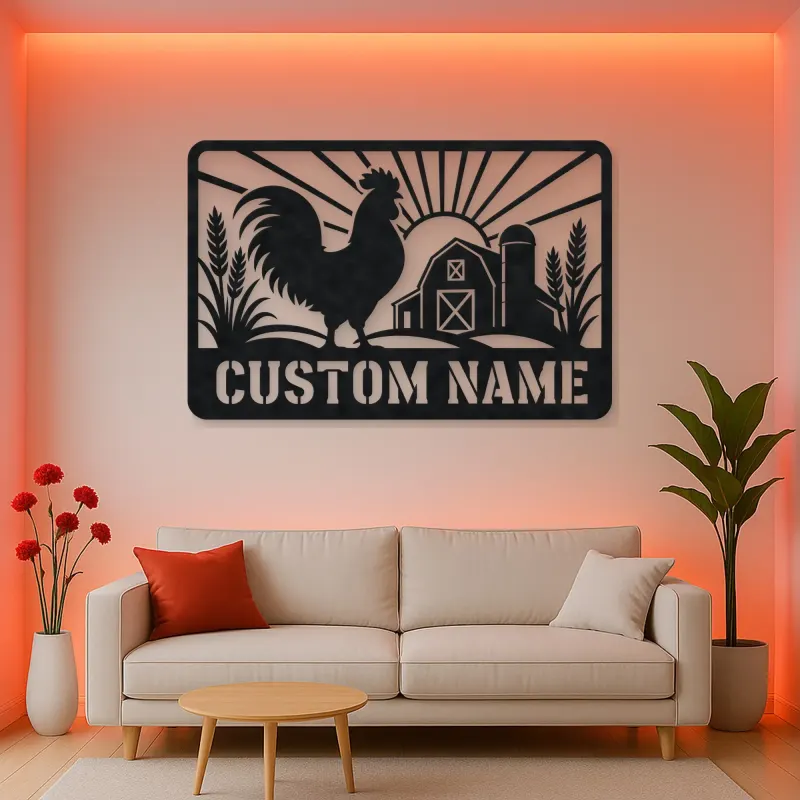 Personalized Rooster Farm Metal Wall Art with Barn Scene