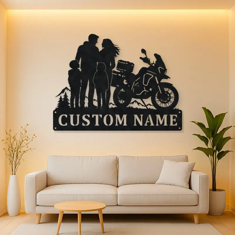 Personalized Adventure Motorcycle Mountain Family Metal Wall Art
