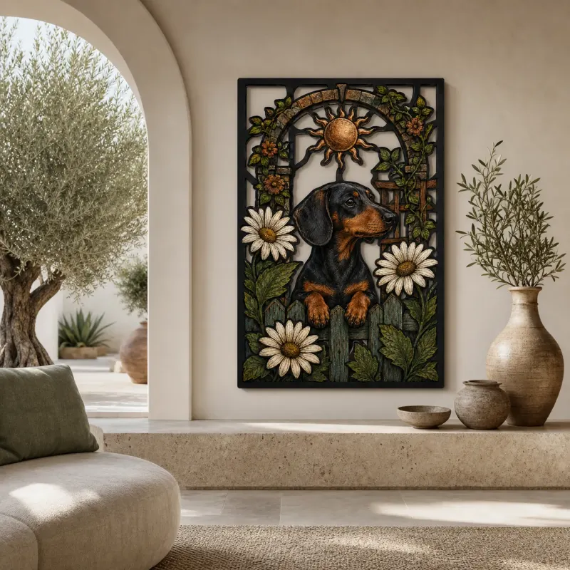 Dachshund in Daisy Garden beneath Copper Sun Colorful Metal Wall Art