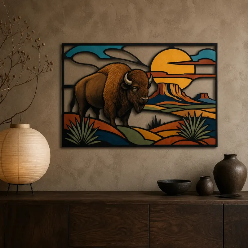 Bison in Southwest Desert beneath Copper Sun Colorful Metal Wall Art