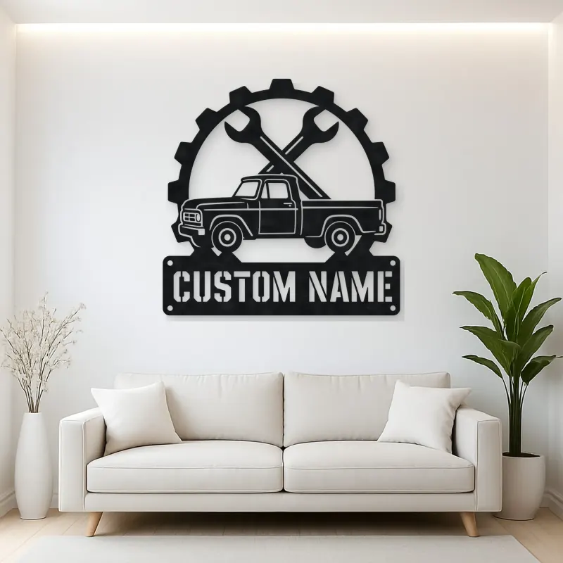 Personalized Vintage Pickup Truck Metal Wall Art with Wrench Detail
