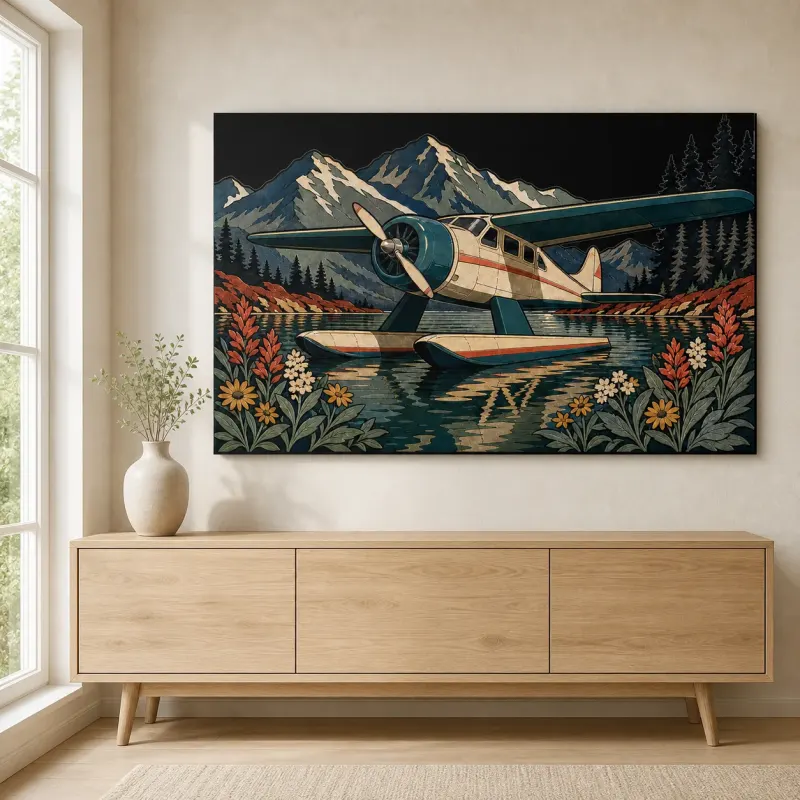 Vintage Seaplane on Mountain Lake Colorful Metal Wall Art