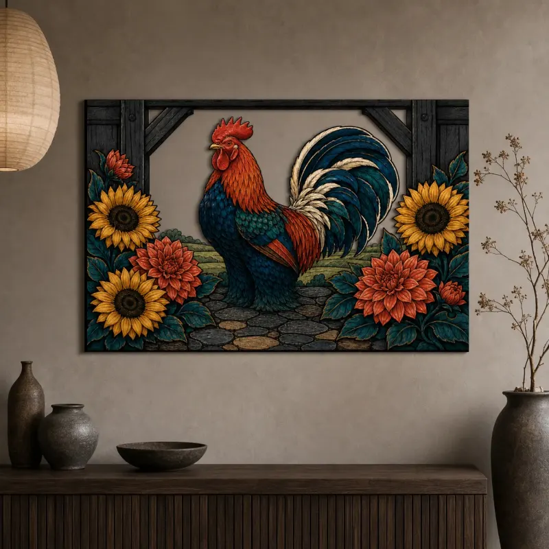 Proud Rooster with Sunflowers by Rustic Barn Colorful Metal Wall Art