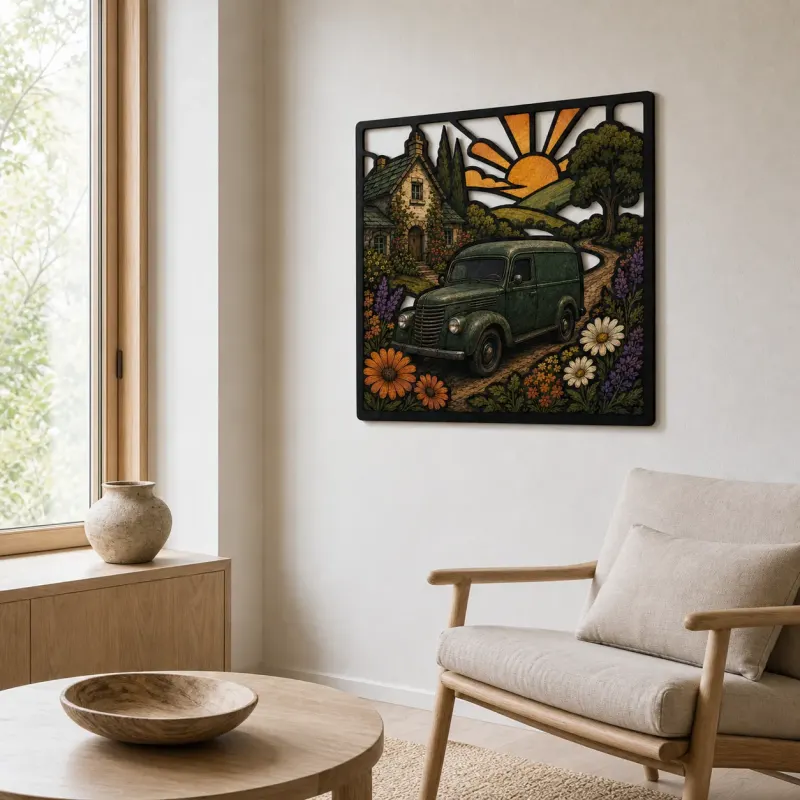 Classic Panel Van outside Flowered Cottage Colorful Metal Wall Art