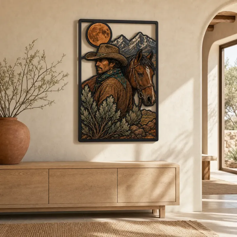 Cowboy with Horse Mountains and Full Moon Colorful Metal Wall Art