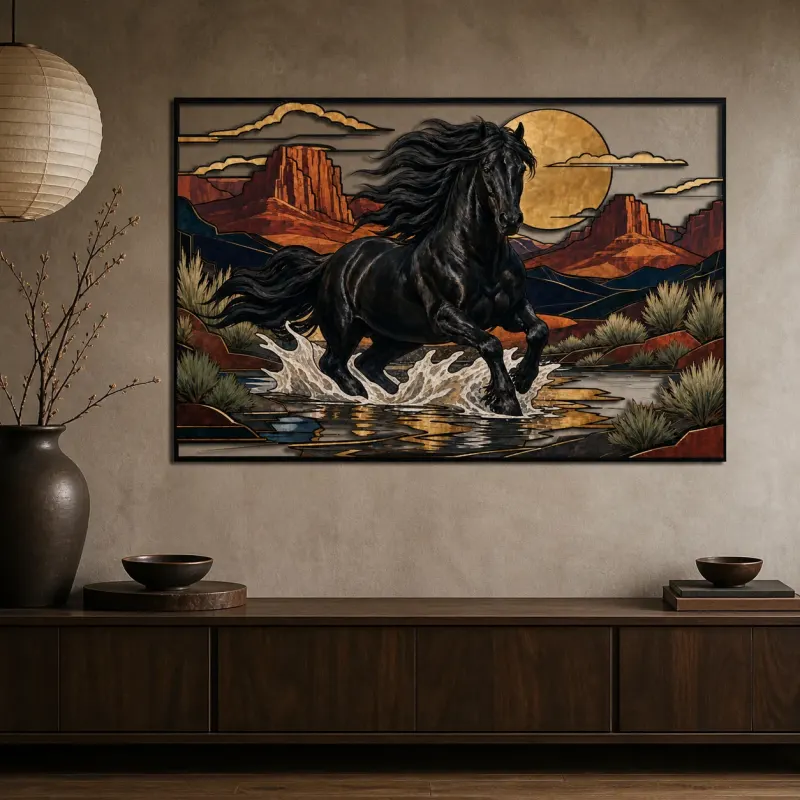 Black Horse Running through Desert Stream Colorful Metal Wall Art