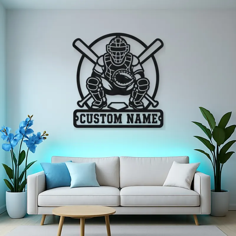 Personalized Baseball Catcher Crossed Bats Metal Wall Art