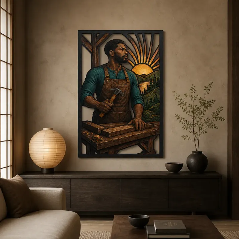 Carpenter with Hand Tools at Wooden Workbench Colorful Metal Wall Art