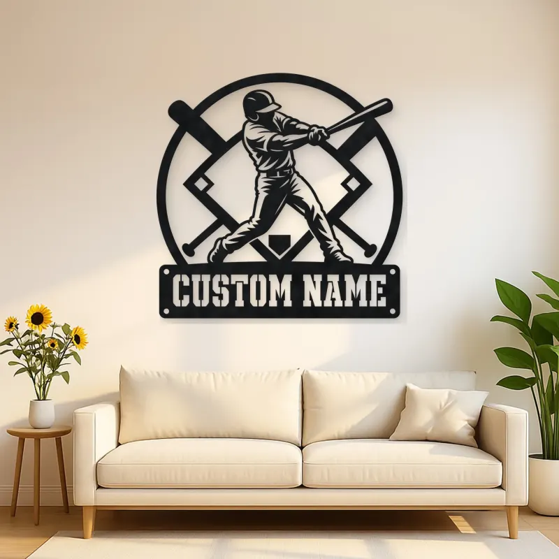 Personalized Baseball Batter Metal Wall Art with Crossed Bats