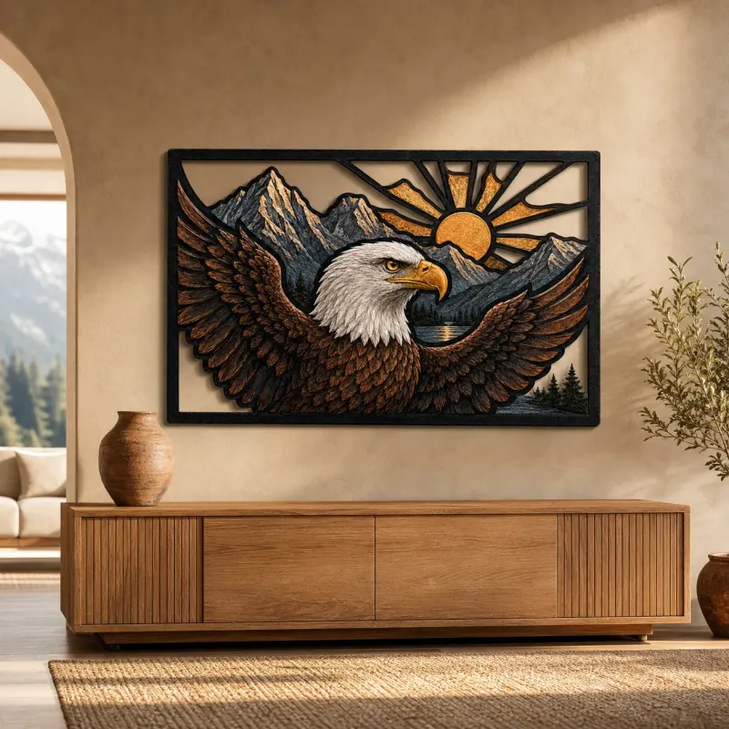 Bald Eagle Flying over Mountains at Sunrise Colorful Metal Wall Art