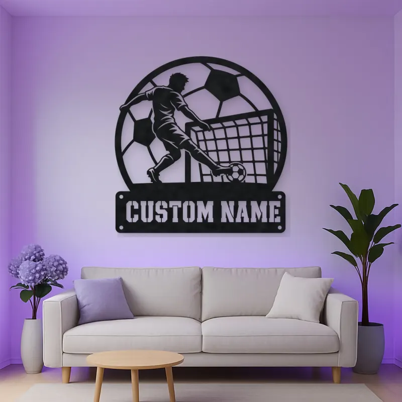 Personalized Soccer Player Metal Wall Art with Goal Scene