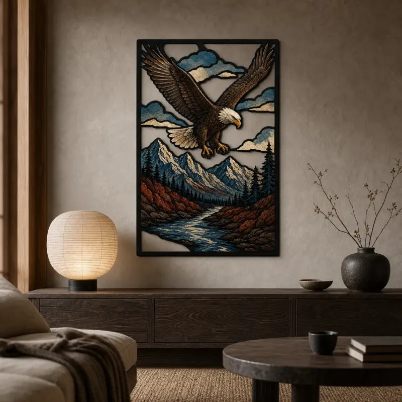 Bald Eagle Flying over Autumn Mountain Lake Colorful Metal Wall Art