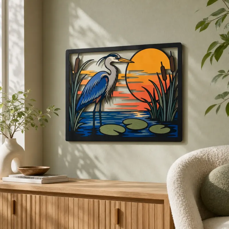 Great Blue Heron in Sunset Pond with Cattails Colorful Metal Wall Art