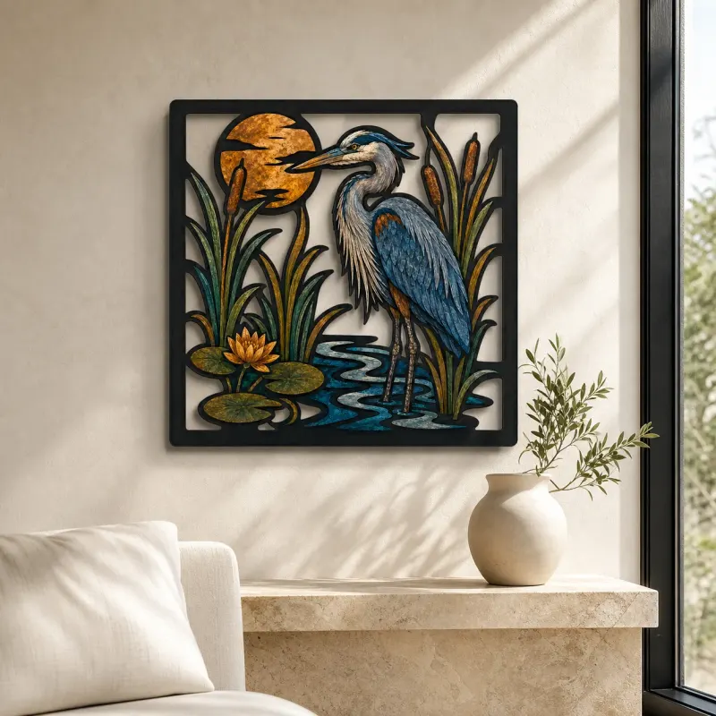Great Blue Heron in Cattails at Full Moon Colorful Metal Wall Art