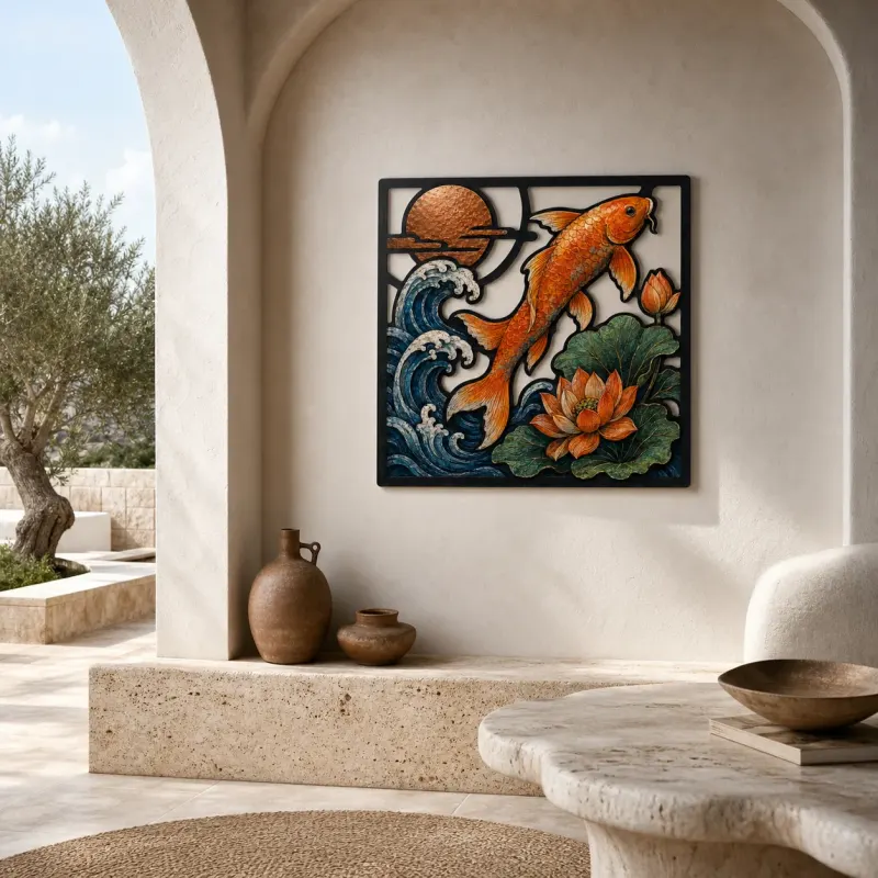 Orange Koi Leaping through Waves and Lotus Colorful Metal Wall Art
