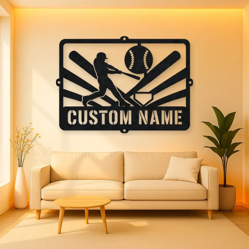 Personalized Baseball Batter Metal Wall Art with Ball Diamond