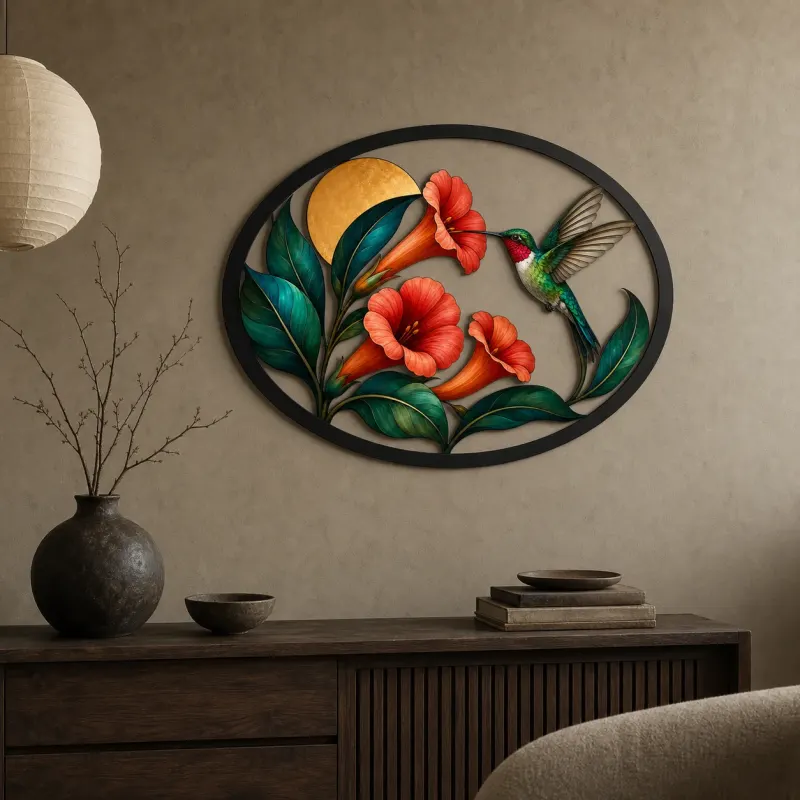 Hummingbird with Orange Trumpet Vine Flowers Colorful Metal Wall Art